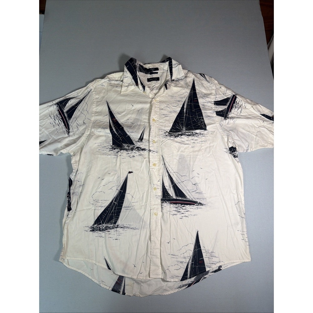 Mens VTG Nautica Nautical Theme Short Sleeve Button Up Shirt XXL  Sailboats